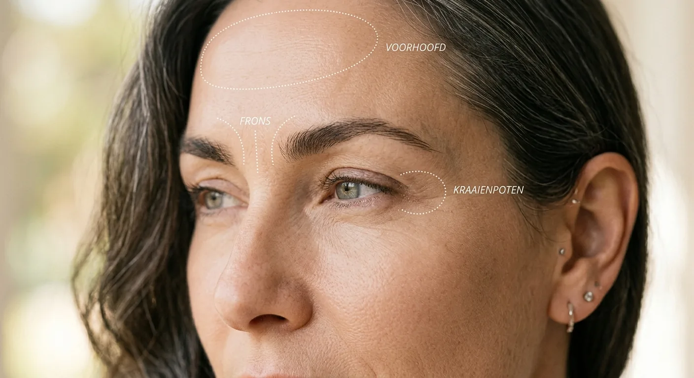 Een close-up van een gezicht waarop met stippellijnen de verschillende behandelzones voor botox zijn gemarkeerd, zoals de fronsrimpel en het voorhoofd.