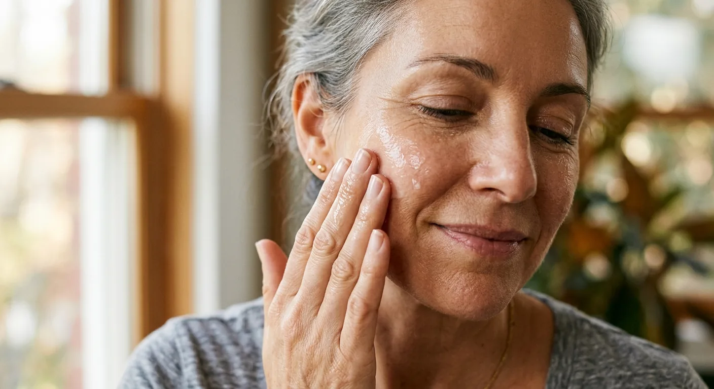 Een vrouw brengt met haar vingertoppen zachtjes een paar druppels serum aan op haar wang, wat het praktische en zorgvuldige gebruik van het product toont.