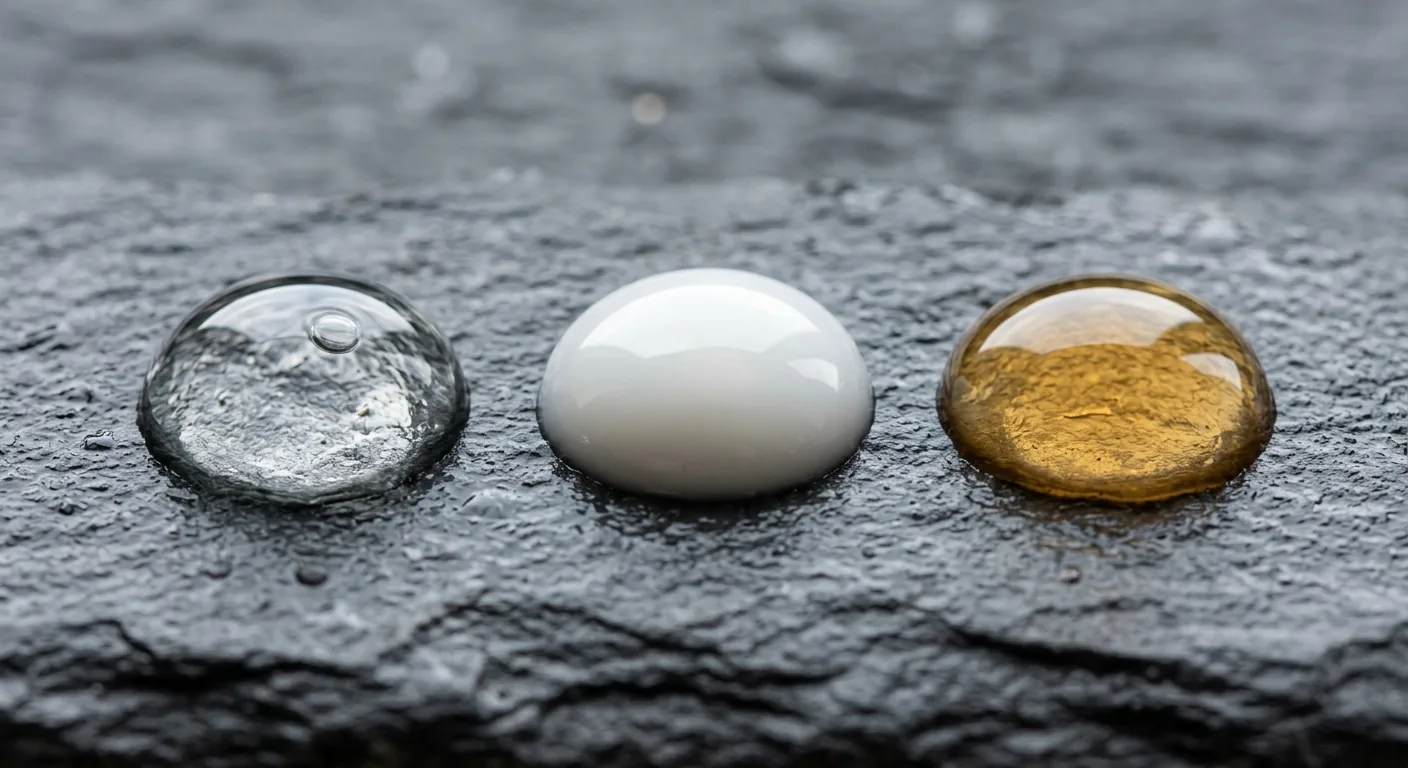 Een close-up van drie verschillende druppels serum met elk een eigen textuur en kleur, wat de diversiteit aan bewezen, actieve ingrediënten in huidverzorging illustreert.