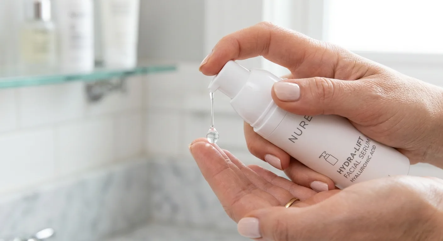 Close-up van een hand die een druppel serum uit een witte, luchtdichte pompflacon doseert.