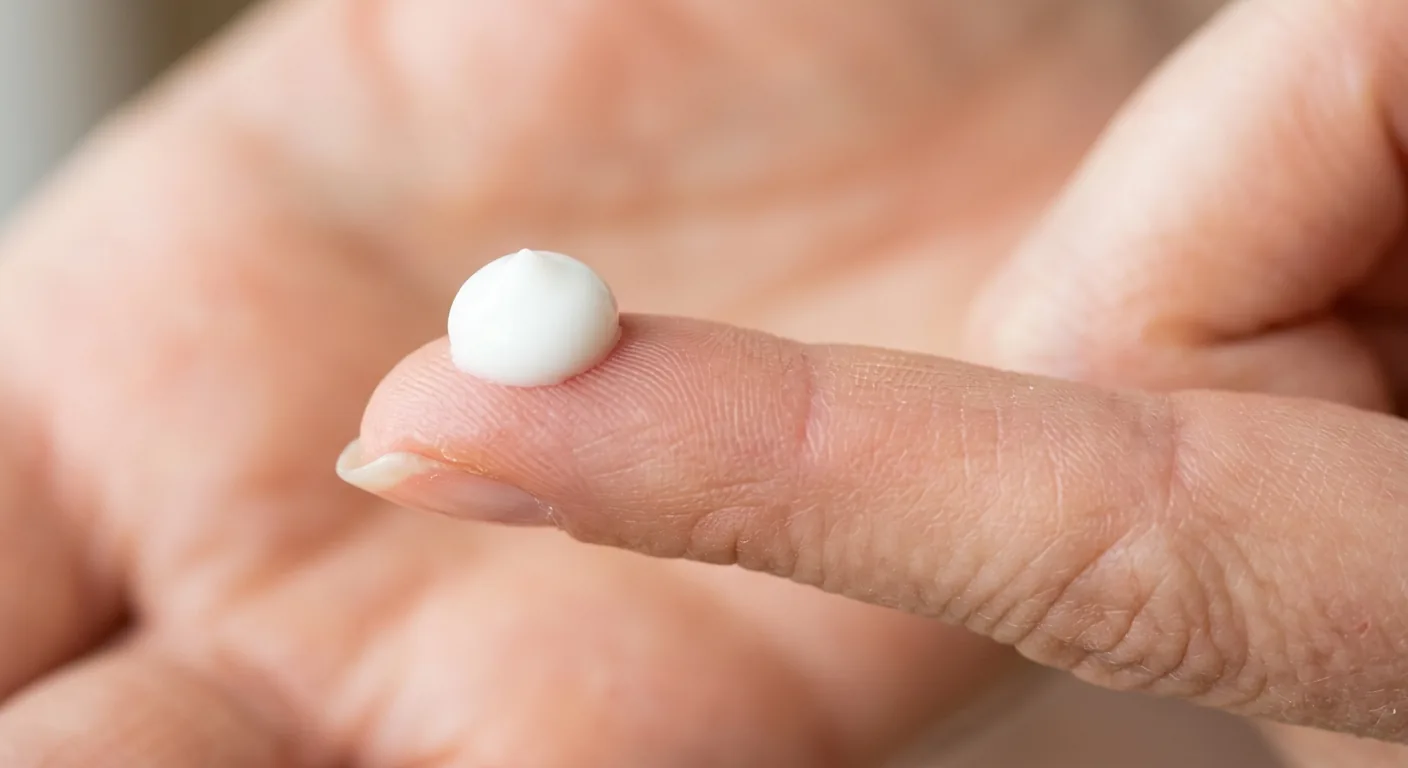 Close-up van een vingertop met een erwt-grote hoeveelheid witte crème, wat de aanbevolen dosering voor een krachtig huidproduct illustreert.