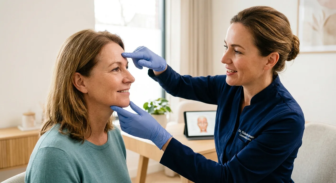 Een cosmetisch arts geeft een vrouw uitleg over de risico's van een behandeling in een veilige en professionele consult-setting.
