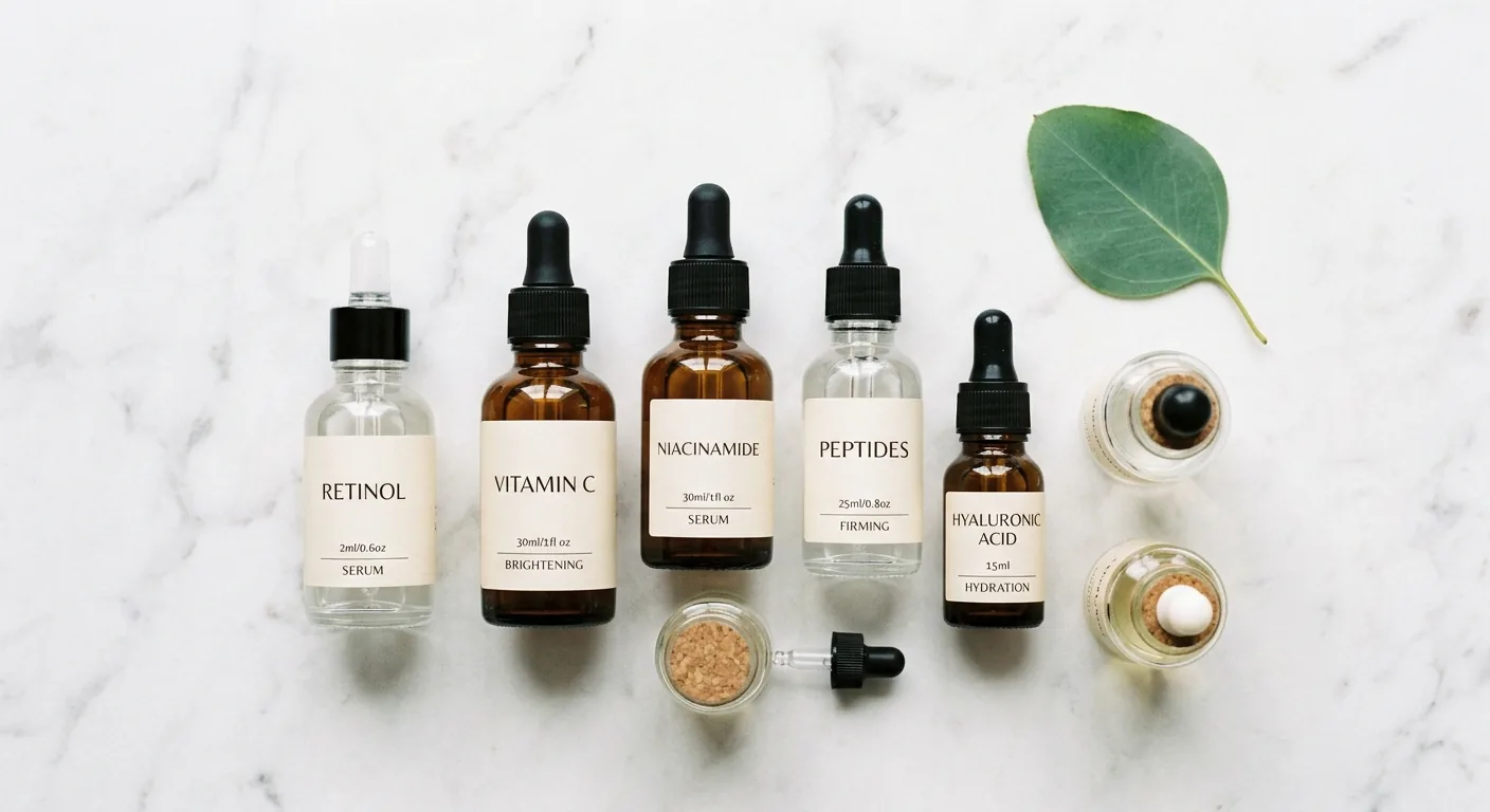 Een minimalistische opstelling van verschillende apothekersflesjes met ingrediënten voor huidverzorging, zoals retinol en vitamine C, op een lichte, marmeren achtergrond.