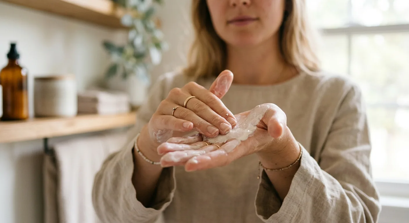 Een vrouw warmt een klodder dikke, minerale zonnebrandcrème op tussen haar handpalmen en vingers om het product makkelijker te kunnen aanbrengen.