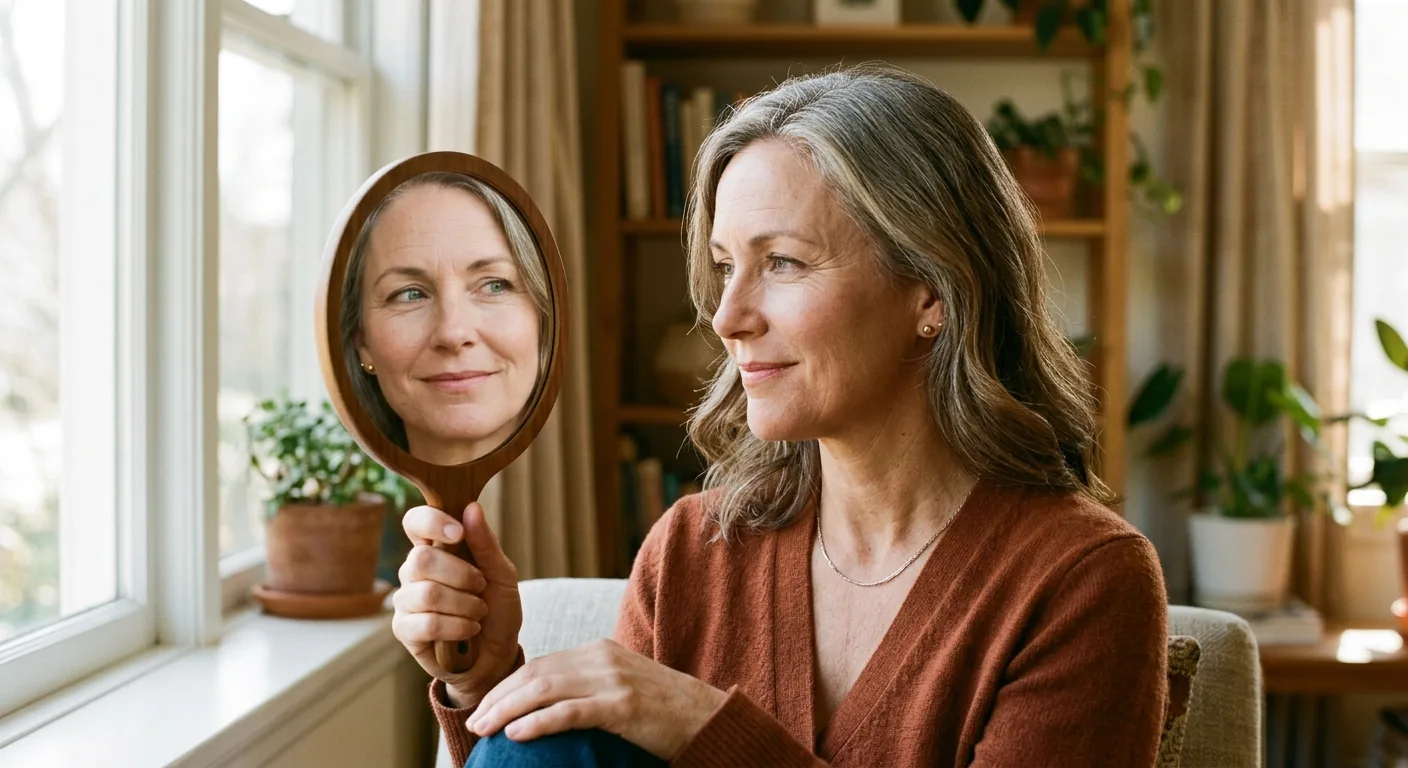 Een vrouw van rond de 50 bekijkt haar gezicht met een kalme, onderzoekende blik in een handspiegel.