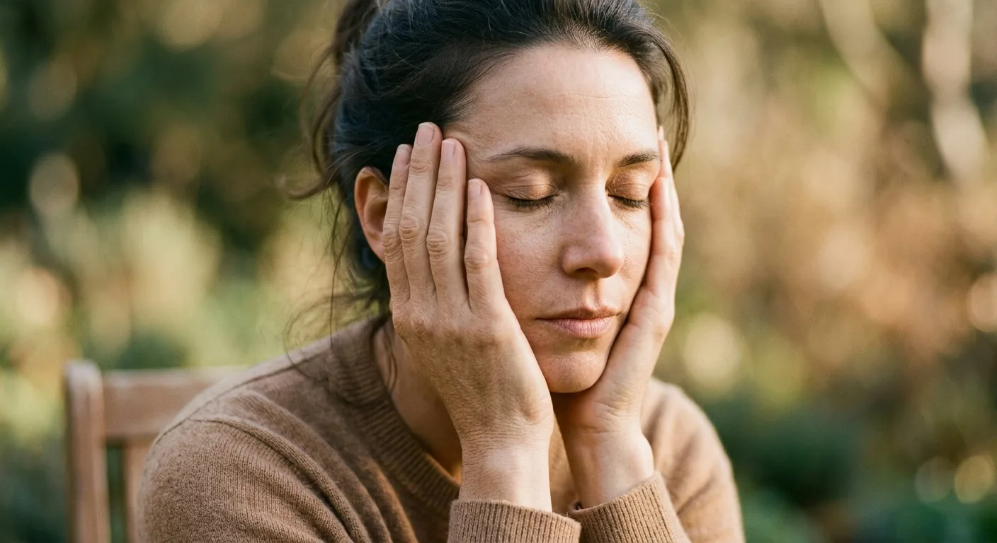 Een vrouw ervaart een moment van rust met haar ogen gesloten, terwijl ze haar gezicht zachtjes met haar handen omvat, wat het effect van stressvermindering door aanraking verbeeldt.