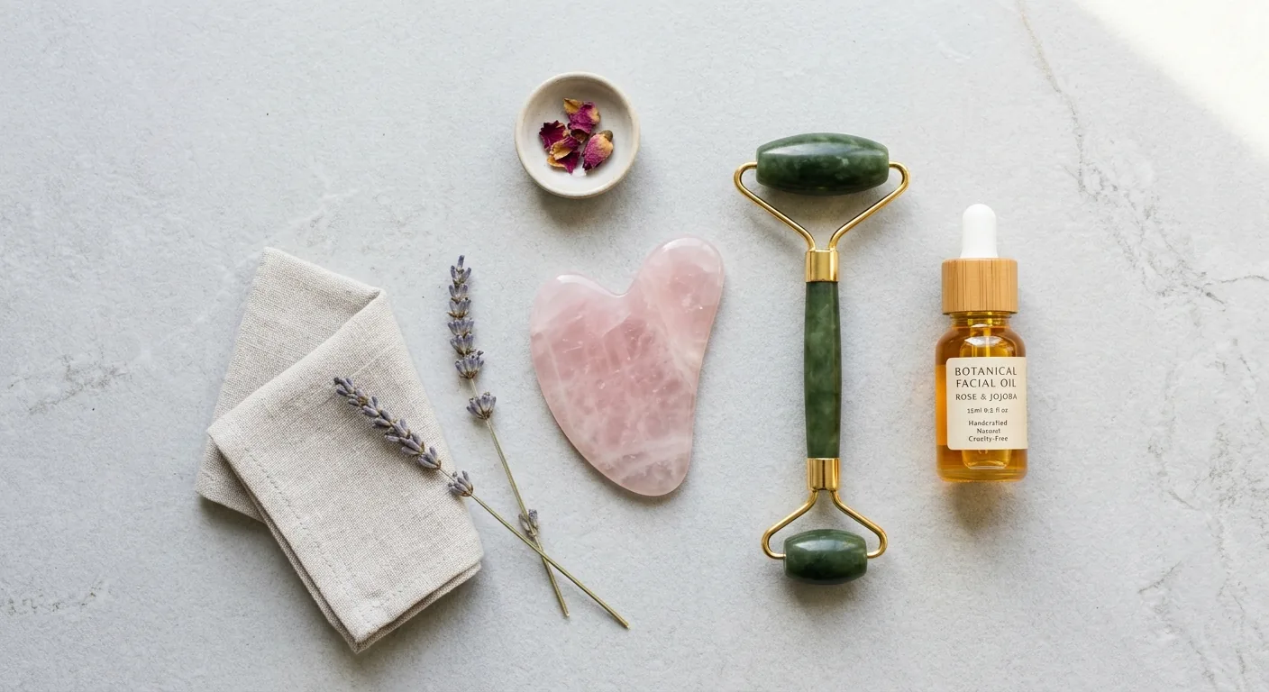 Een verzameling hulpmiddelen voor gezichtsmassage, zoals een Gua Sha-steen en een gezichtsroller, netjes uitgestald op een leistenen ondergrond.