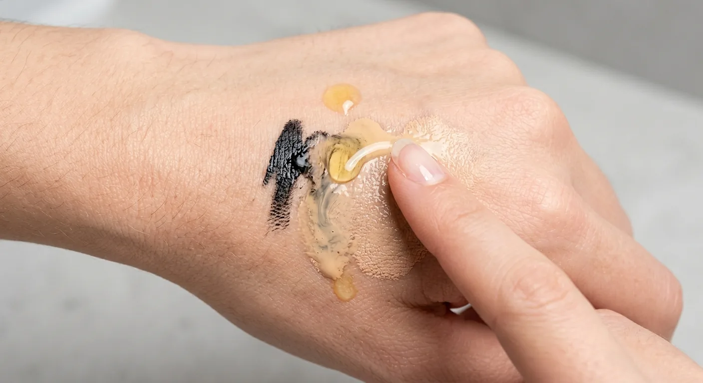 Een extreme close-up van een hand waarop te zien is hoe een heldere reinigingsolie een streep hardnekkige, waterproof make-up oplost en afbreekt.