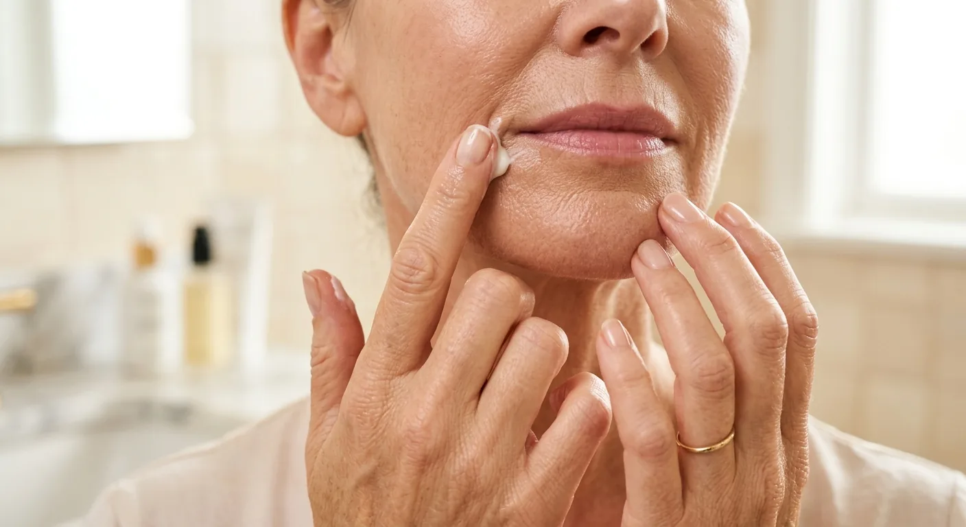 Een vrouw brengt met haar vingertop zorgvuldig een hydraterende crème aan op de huidplooi tussen haar neus en mondhoek.