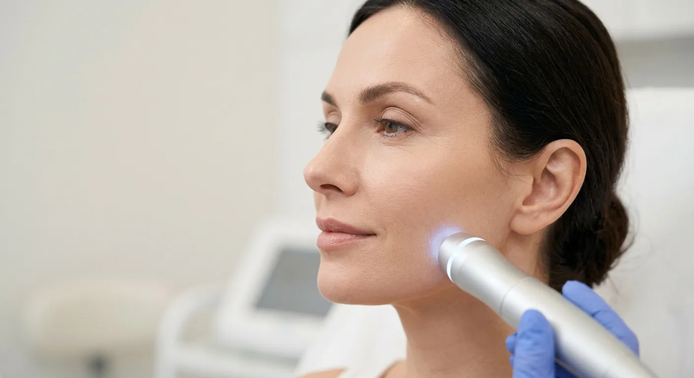 Een modern en strak vormgegeven cosmetisch apparaat wordt dicht bij de wang van een vrouw gehouden, als symbool voor een geavanceerde, professionele huidbehandeling.