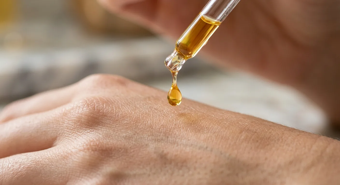 Macro-opname van een druppel goudkleurig serum die uit een glazen pipet op een hand valt, wat een krachtig ingrediënt voor thuisverzorging symboliseert.