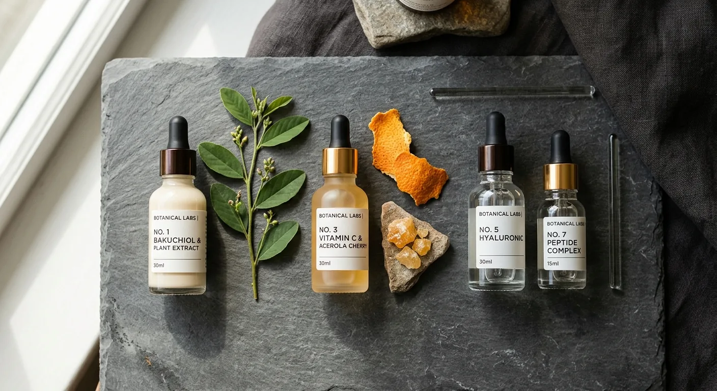 Stijlvolle productfoto van diverse serumflesjes op een leistenen ondergrond, met elementen die verwijzen naar wetenschappelijk bewezen, actieve ingrediënten.