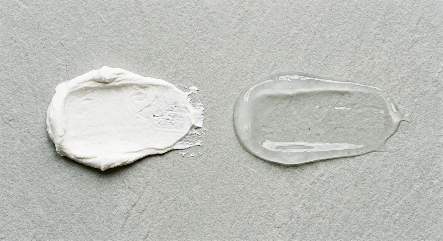 Twee strepen zonnebrandcrème naast elkaar om het textuurverschil te tonen: een dikke, witte, dekkende minerale zonnebrand en een lichte, doorzichtige chemische zonnebrand.