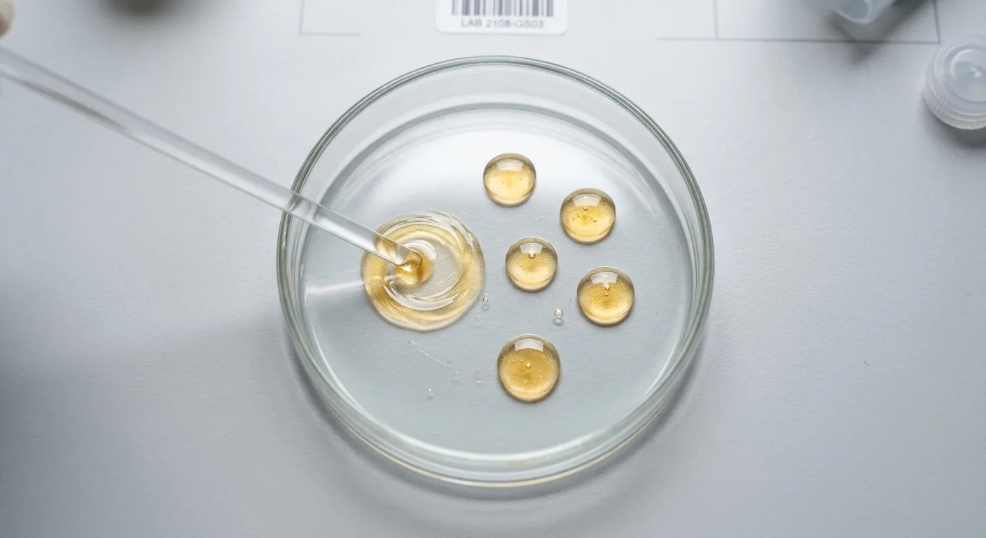 Een close-up van een petrischaaltje waarin een goudkleurig serum wordt onderzocht met een glazen staafje, wat de wetenschap achter ingrediënten symboliseert.