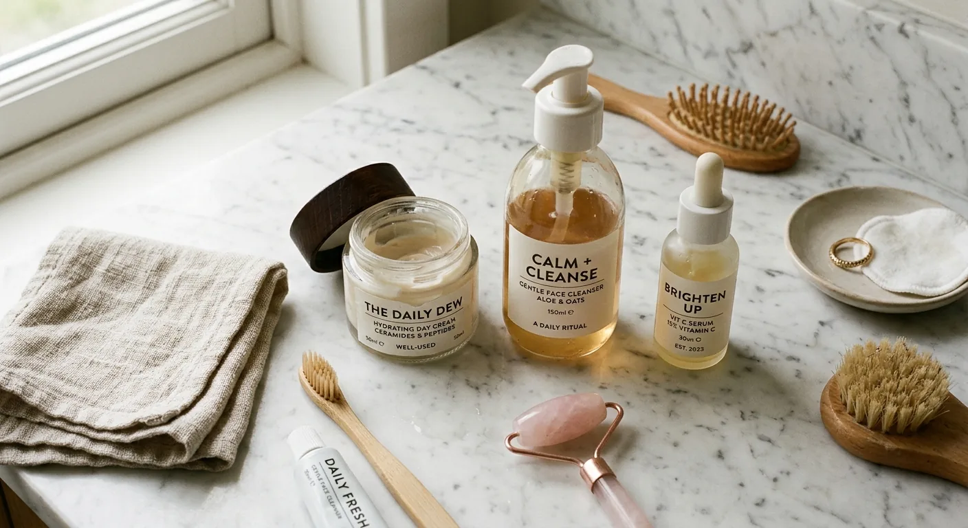 Een overzichtsfoto van een realistische ochtendroutine met een pot dagcrème, een serum en een reiniger op een badkamerplank.
