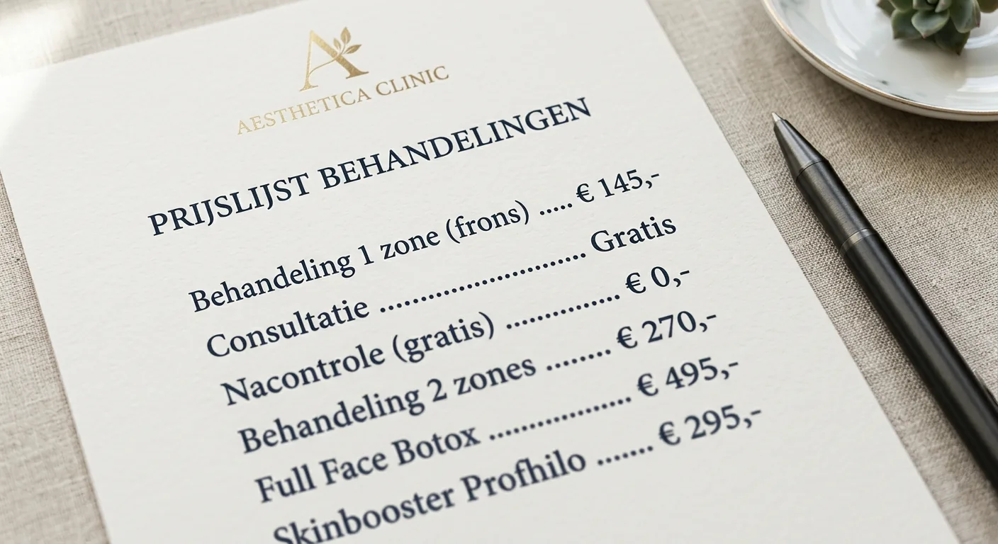 Een close-up van een professionele prijslijst van een cosmetische kliniek, met de focus op de kosten voor de behandeling van een fronsrimpel.