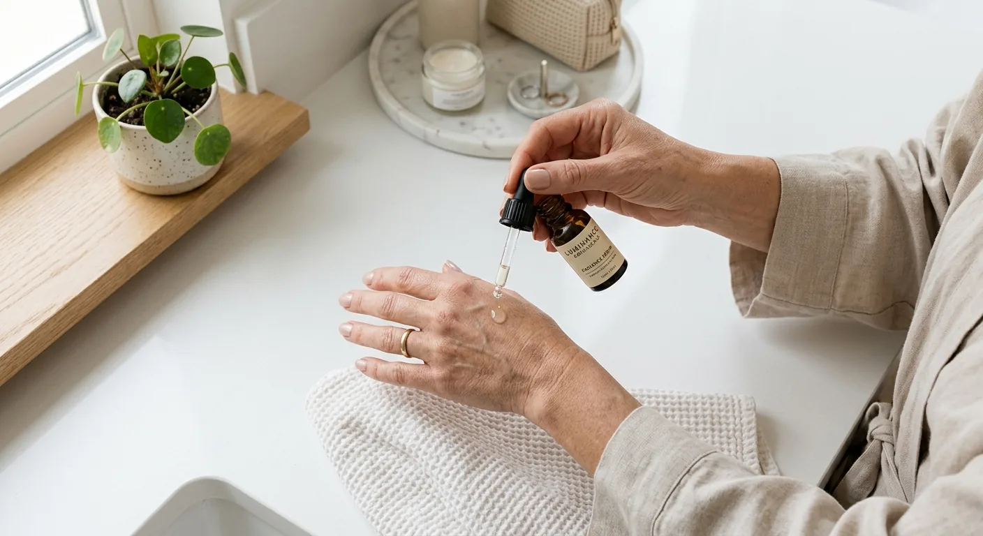 Van bovenaf gefotografeerd: een vrouw druppelt een serum uit een flesje met pipet op haar handrug in een lichte, opgeruimde badkamer.