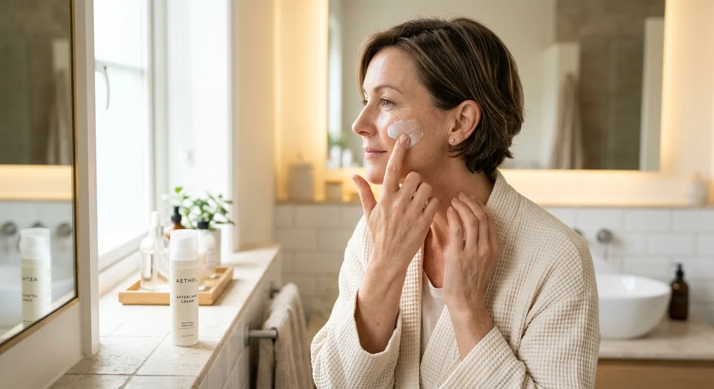 Een vrouw die zorgvuldig een verzorgende crème op haar gezicht aanbrengt, als onderdeel van de nazorg na een behandeling.