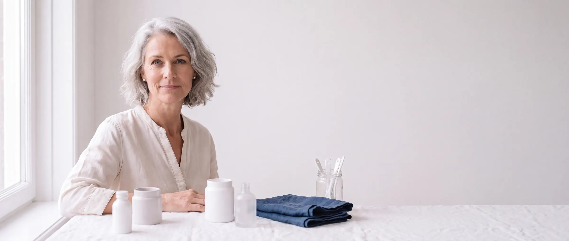 Margot aan een linnen tafel bij het raam, met huidverzorgingsflesjes en indigoblauw linnen