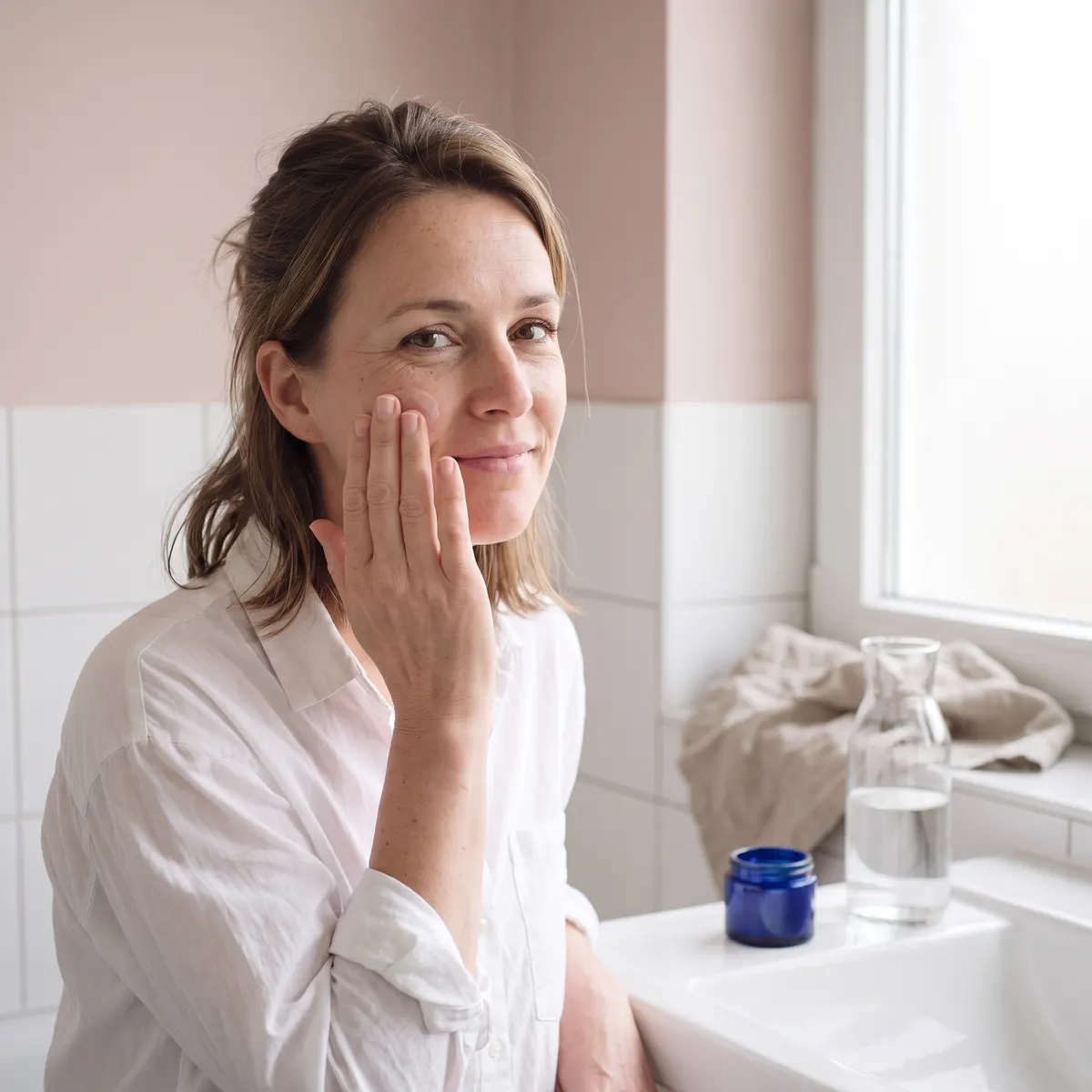Fleur dept moisturizer op haar wang bij de wastafel