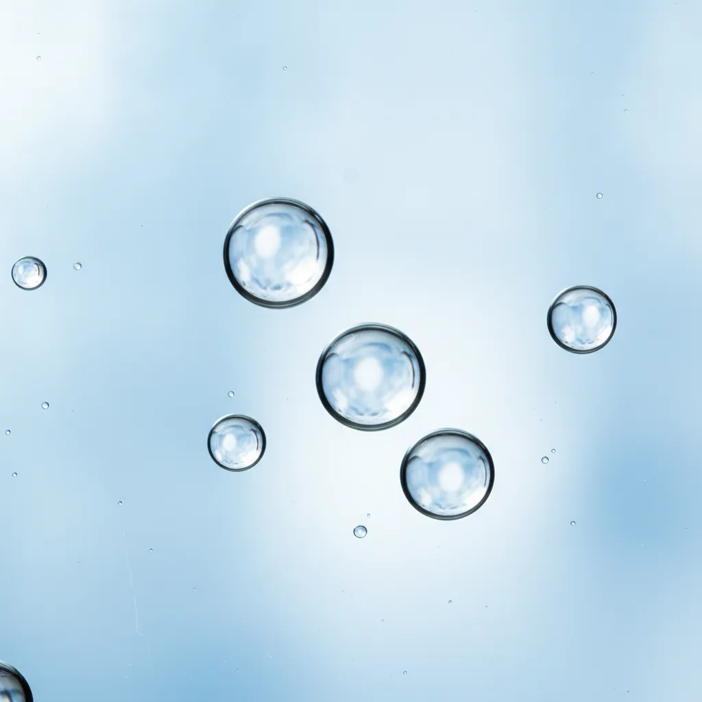Close-up van heldere waterdruppels op een glad oppervlak, wat frisheid, hydratatie en het reinigen van de huid symboliseert.