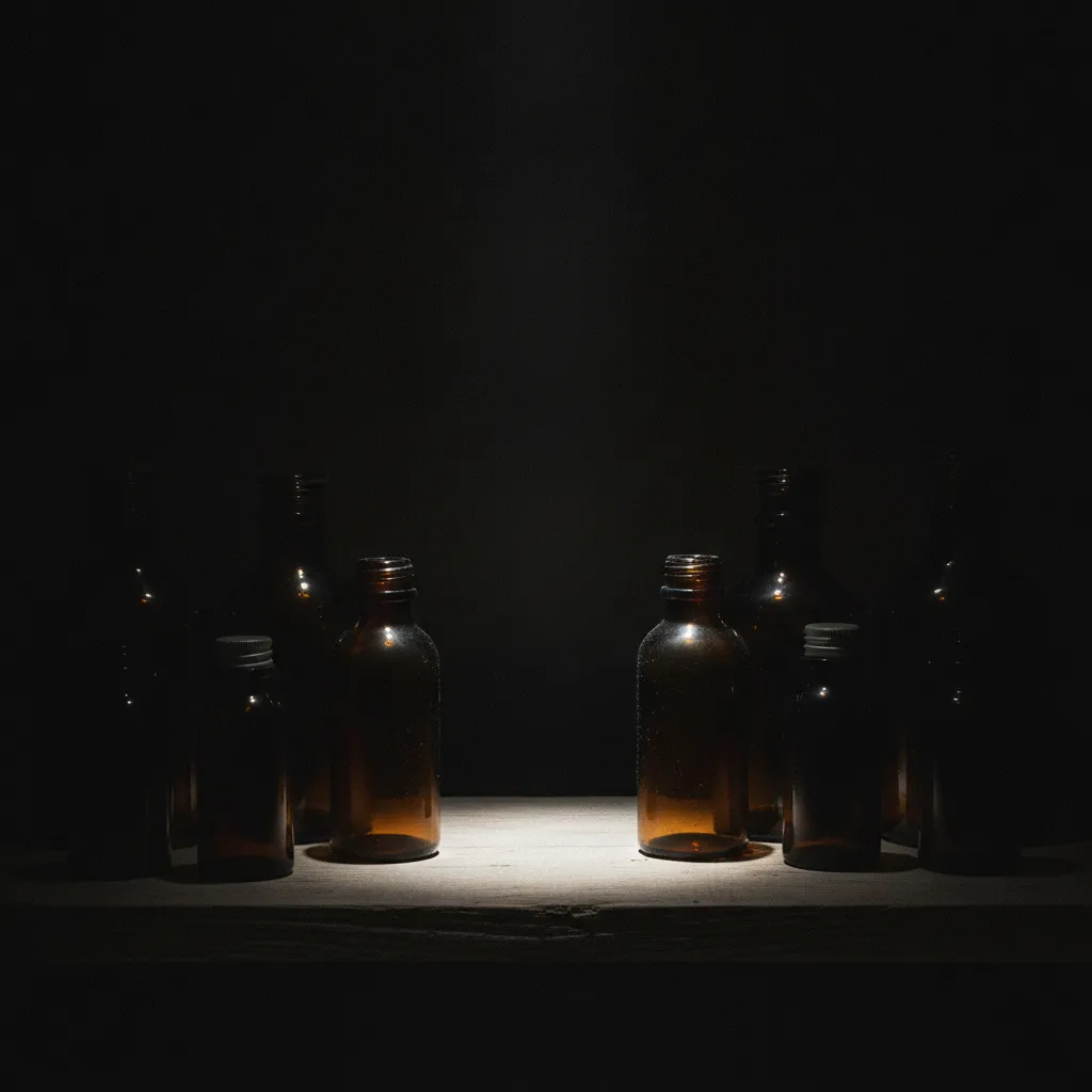 Een symbolische foto van flesjes in de schaduw, wat het bewuste vermijden van onveilige ingrediënten in huidverzorging aanduidt.