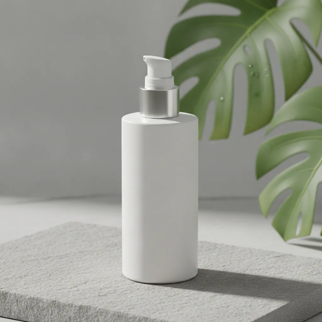 Een stijlvolle, merkloze witte fles zonnebrandcrème in een minimalistische setting, wat het belang van dagelijkse SPF als basis voor huidbescherming benadrukt.