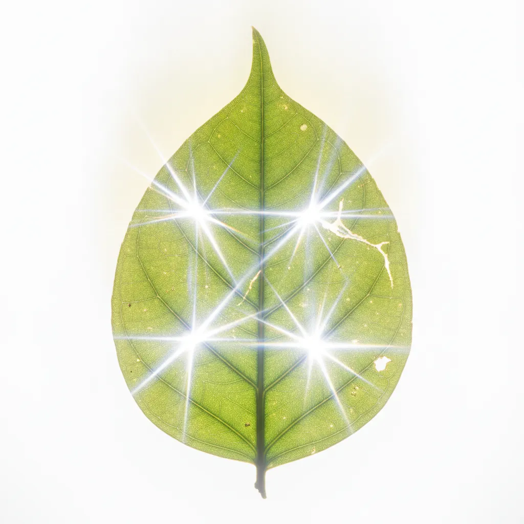 Heldere zonnestralen schijnen door een groen blad, wat de intense kracht van UV-straling en de impact daarvan op de huid illustreert.