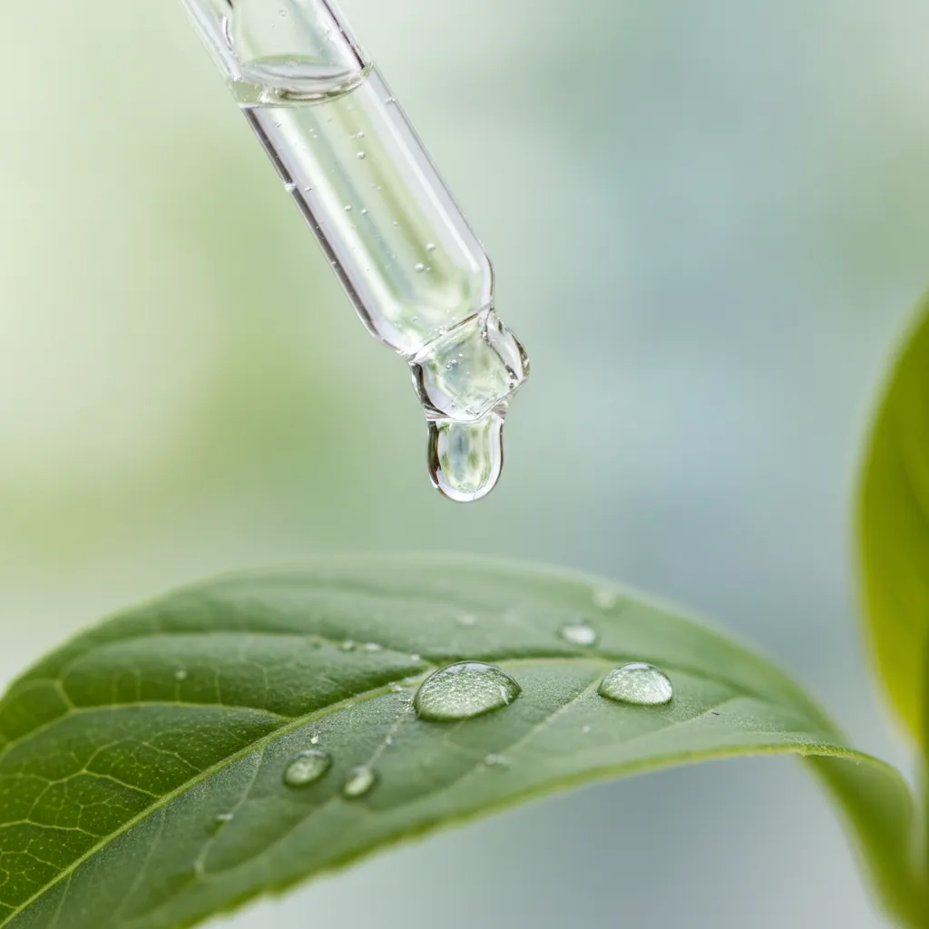 Een close-up van een druppel serum die op een blad valt, symbool voor milde en hydraterende verzorging voor de gevoelige huid.