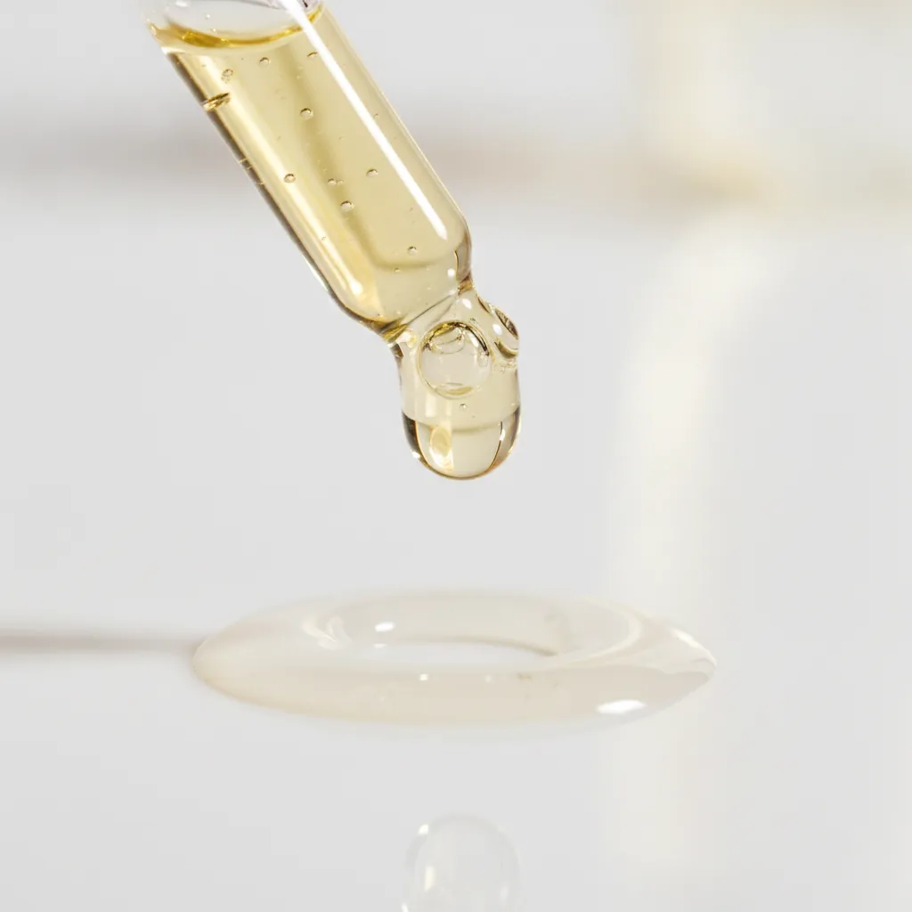Close-up macrofoto van de textuur van een goudkleurig retinol serum dat uit een pipet druppelt op een wit oppervlak.