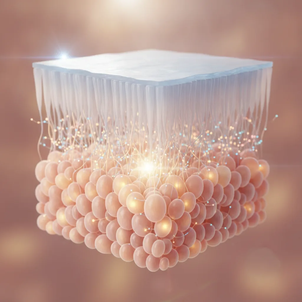 Een abstracte, wetenschappelijke visualisatie van huidlagen in doorsnede, die het proces van celvernieuwing laat zien om de werking van retinol te illustreren.