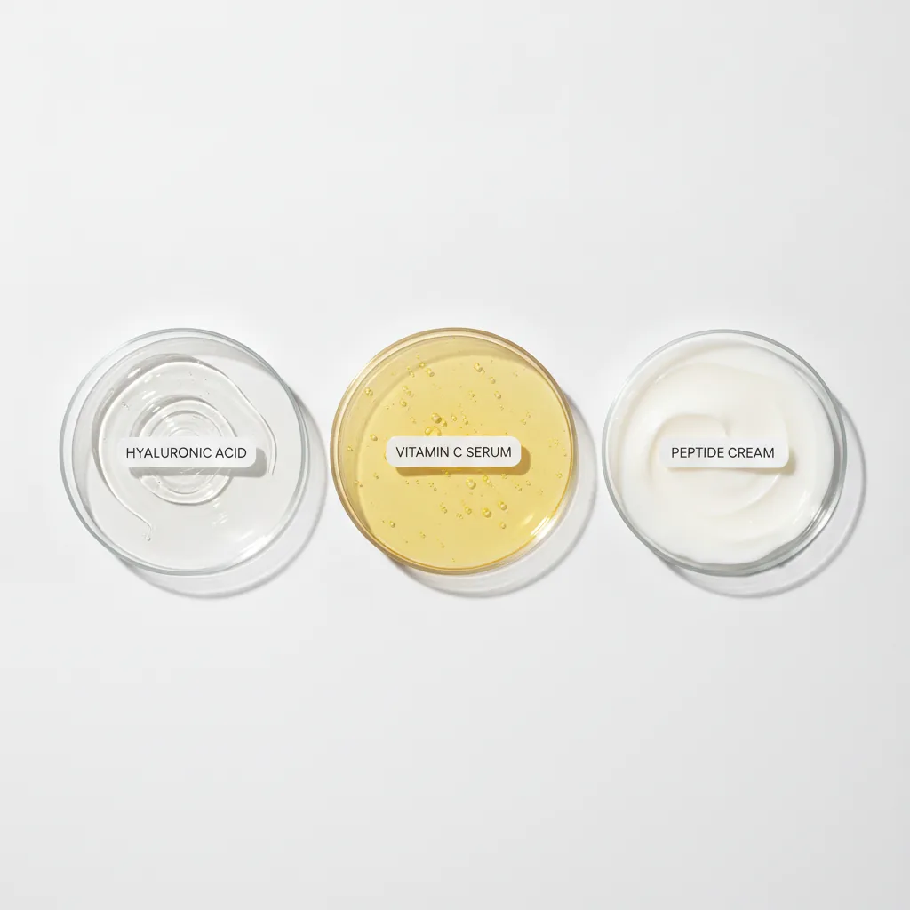 Verschillende petrischalen van bovenaf gefotografeerd, met daarin de texturen van belangrijke cosmetische ingrediënten zoals een heldere gel en een geel serum.