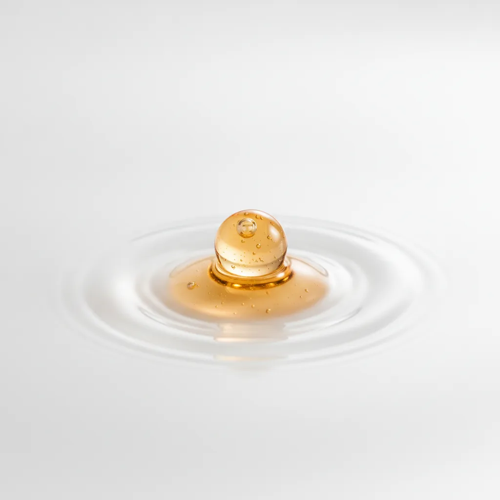 Een close-up van een heldere, oranje druppel serum die het verhelderende effect en de zuiverheid van vitamine C voor de huid uitbeeldt.