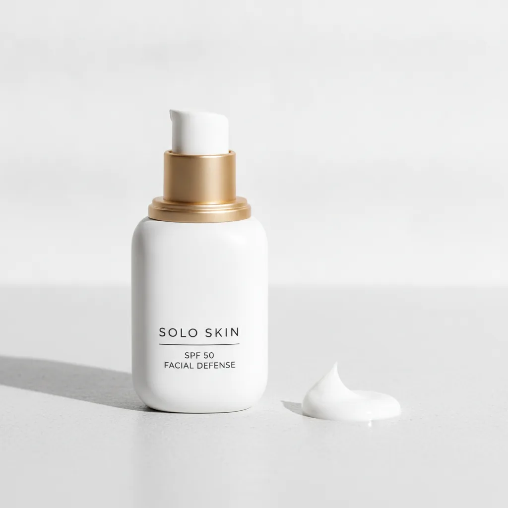 Een moderne fles zonnebrandcrème voor het gezicht, met daarnaast een druppel van de witte crème als symbool voor dagelijkse bescherming.