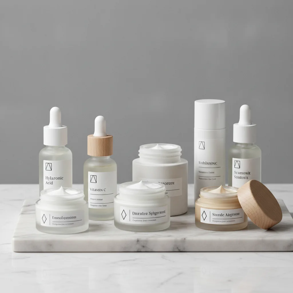 Een cleane opstelling van diverse potjes en flesjes met crèmes en serums die wetenschappelijk onderbouwde huidverzorging representeren.