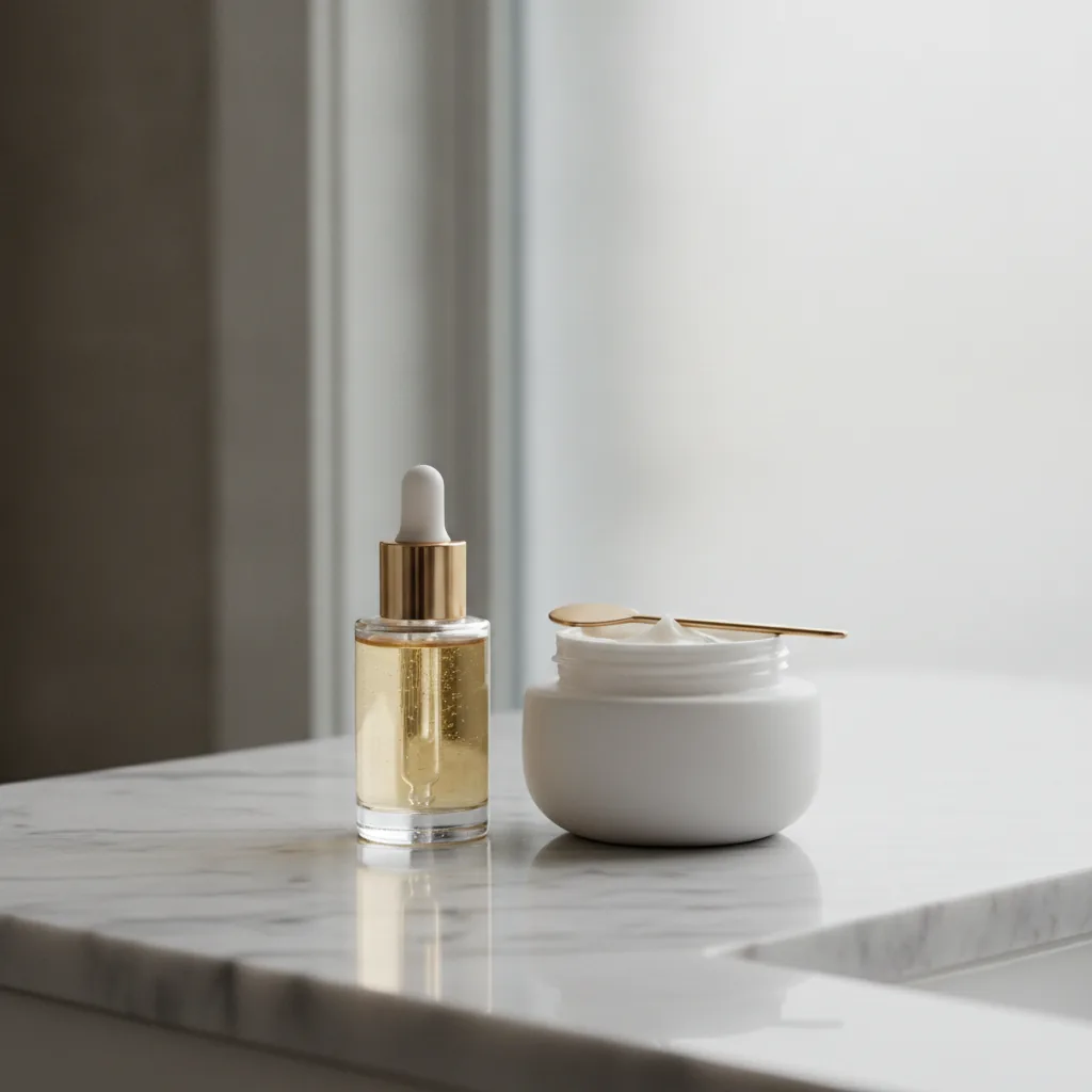 Luxe huidverzorgingsproducten, waaronder een serum en een crème, speciaal voor de verzorging van het decolleté.
