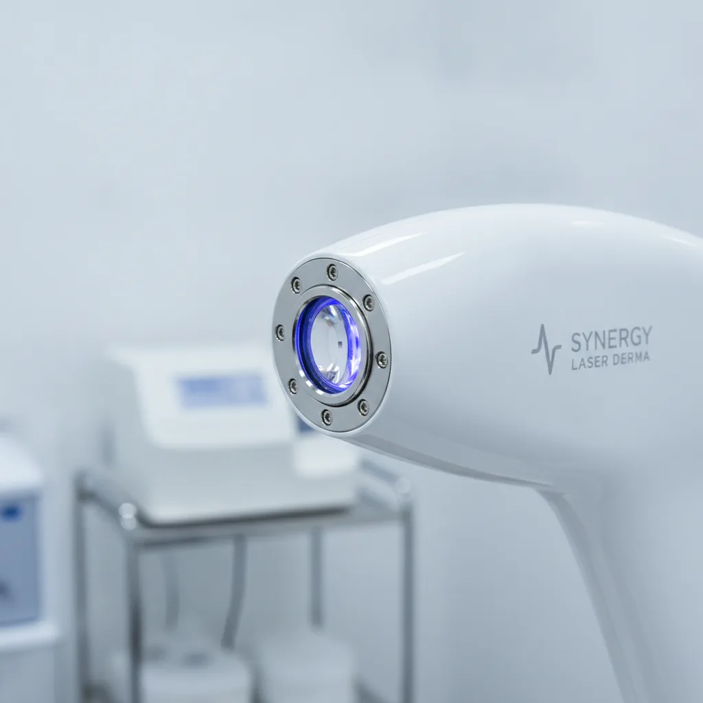 Macro-opname van het uiteinde van een modern laserapparaat voor dermatologische behandelingen in een schone, lichte omgeving.