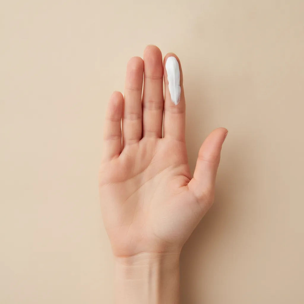 Een hand die de 'twee-vinger-regel' demonstreert: op de uitgestoken wijsvinger en middelvinger is een lijn zonnebrandcrème aangebracht als maat voor de juiste hoeveelheid.