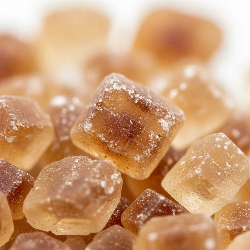 Extreme close-up van de kristalstructuur van onbewerkt suikerriet, wat de natuurlijke oorsprong van glycolzuur symboliseert.