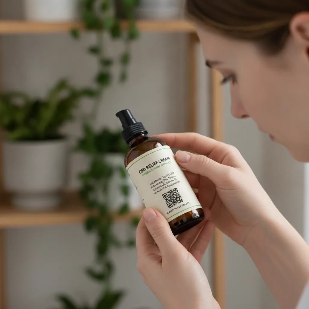 Iemands handen houden een flesje CBD crème vast en inspecteren het etiket, wat de nadruk legt op het maken van een geïnformeerde keuze.