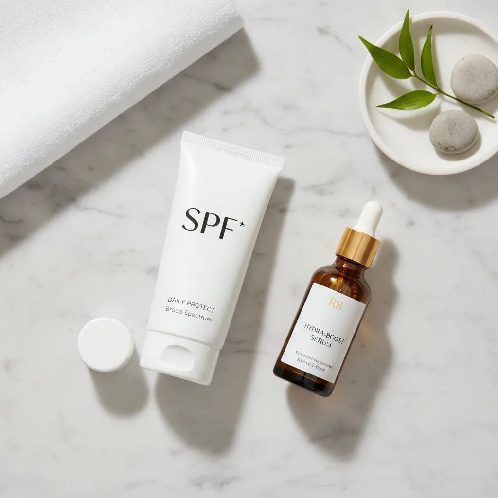 Een selectie van huidverzorgingsproducten, waaronder zonnebrandcrème en een serum, die kunnen helpen bij het verminderen van kraaienpootjes.