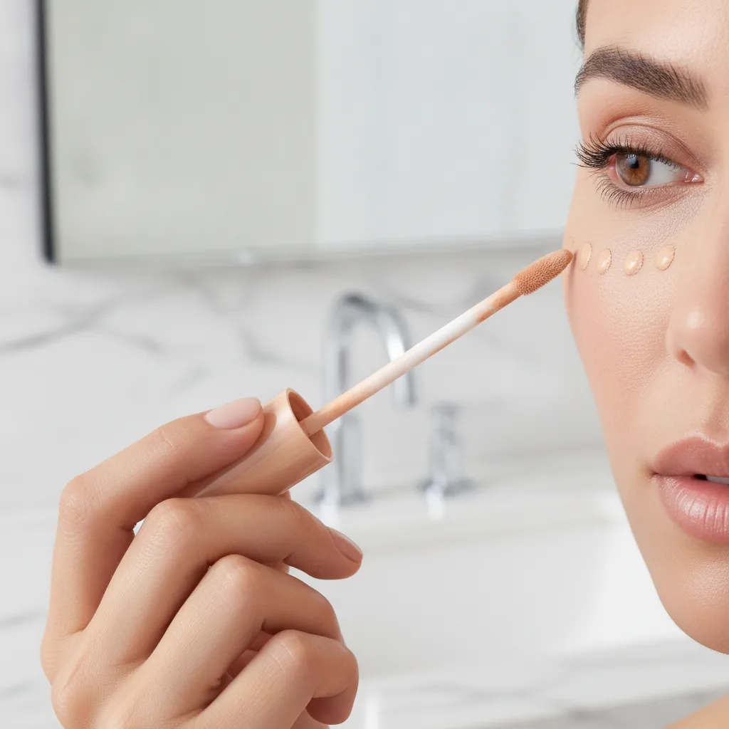Een vrouw gebruikt een concealer om de huid onder haar ogen zorgvuldig te camoufleren.