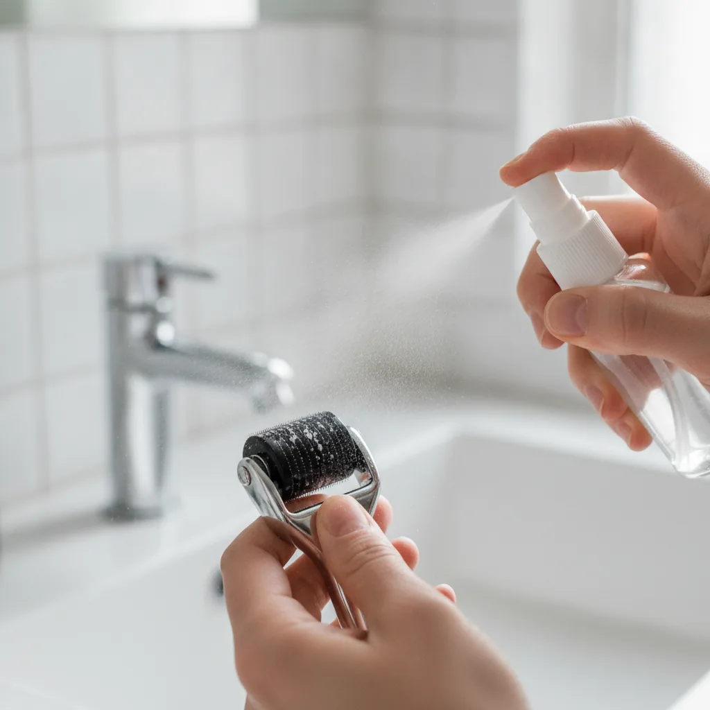 Een dermaroller wordt zorgvuldig gedesinfecteerd met een sprayflacon om veilig en hygiënisch thuisgebruik te garanderen.