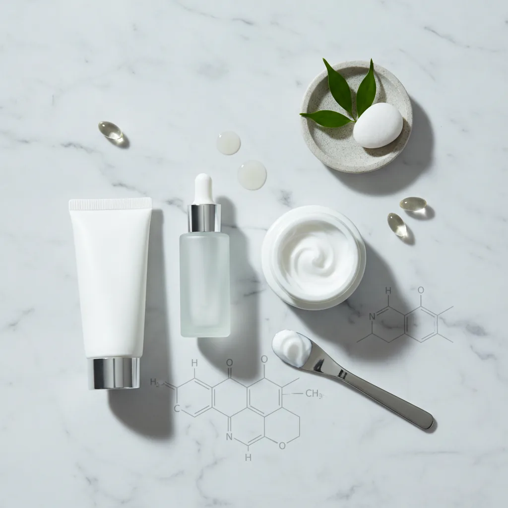 Een selectie van moderne huidverzorgingsproducten, waaronder een serum en een crème, die bewezen effectieve ingrediënten bevatten.