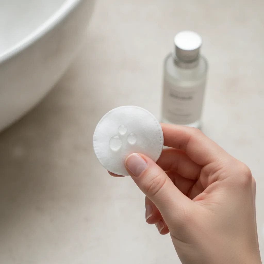 Een hand houdt een wattenschijfje vast waar enkele druppels van een heldere vloeistof, zoals een glycolzuur toner, op liggen, klaar voor gebruik.