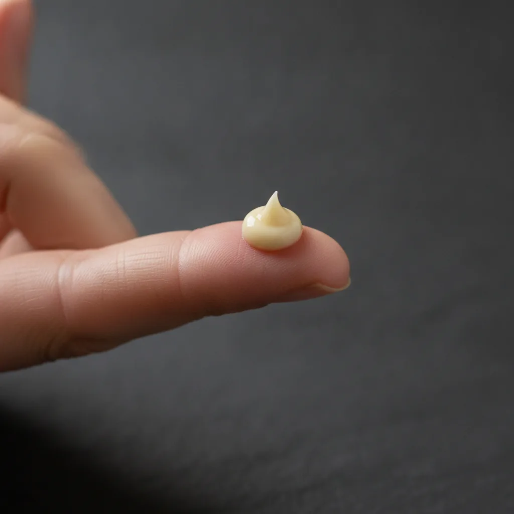 Een vingertop met daarop een hoeveelheid retinol serum ter grootte van een erwt, als voorbeeld van de juiste dosering voor veilig gebruik.